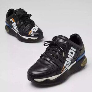 Fendi x FILA Black Leather Chunky Sole Lace-Up Sneakers Size 4.5/35